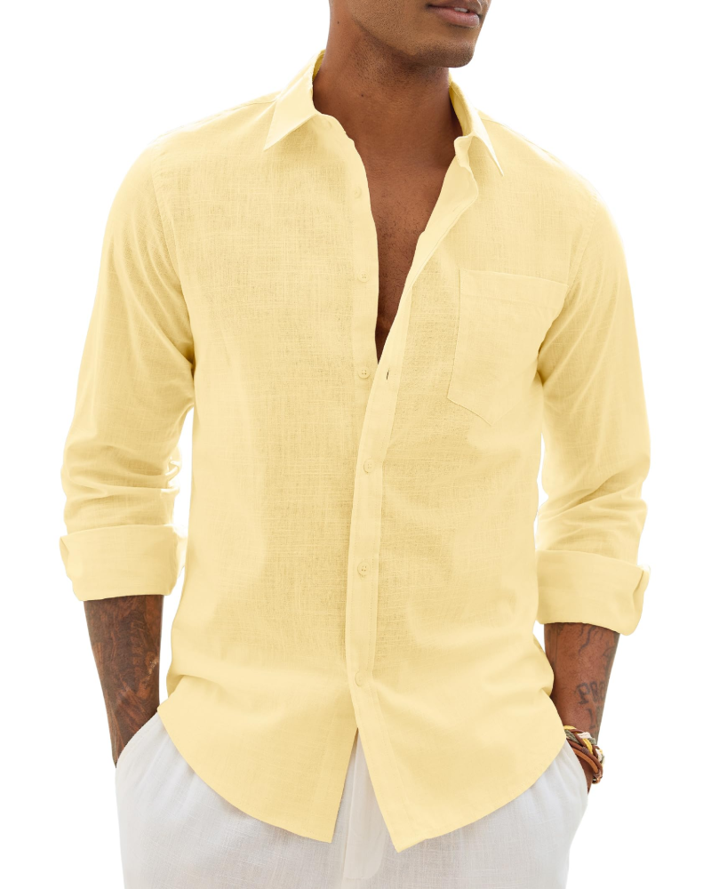 Men's cotton-linen long-sleeve shirt in pale yellow, button-front with chest pocket.