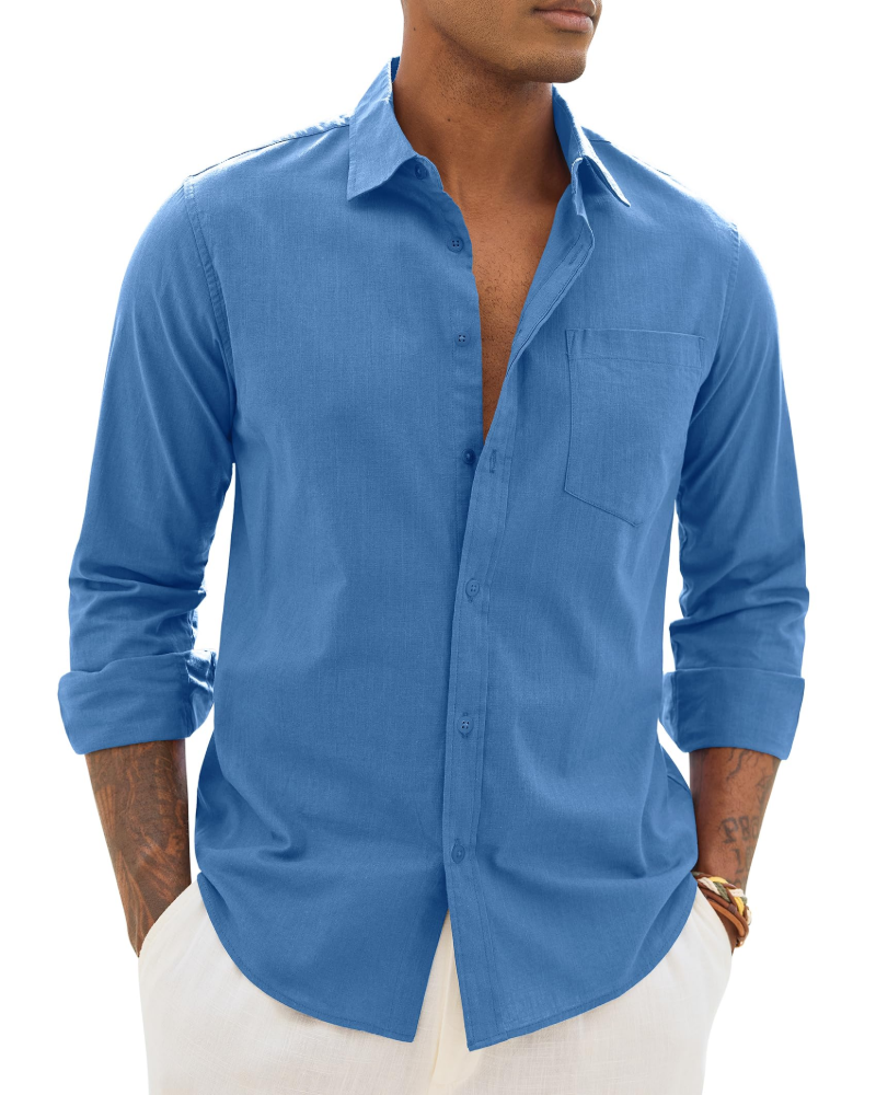 Men's cotton-linen long-sleeve shirt in medium blue, button-front with chest pocket.