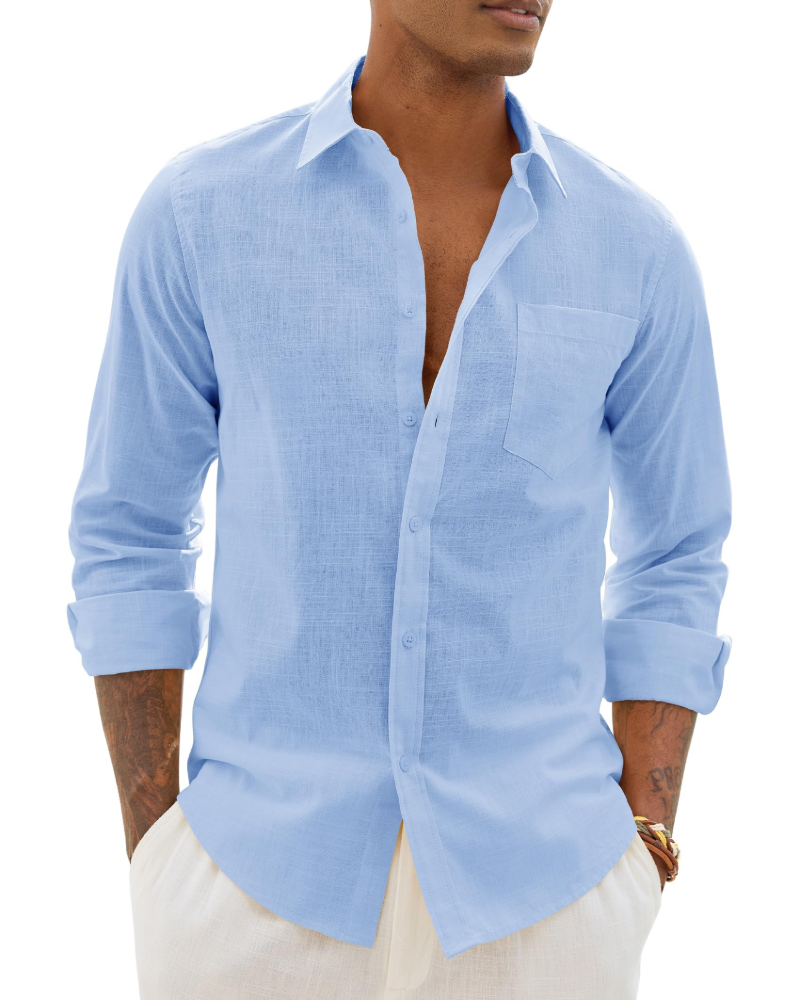 Men's cotton-linen long-sleeve shirt in sky blue, button-front with chest pocket.