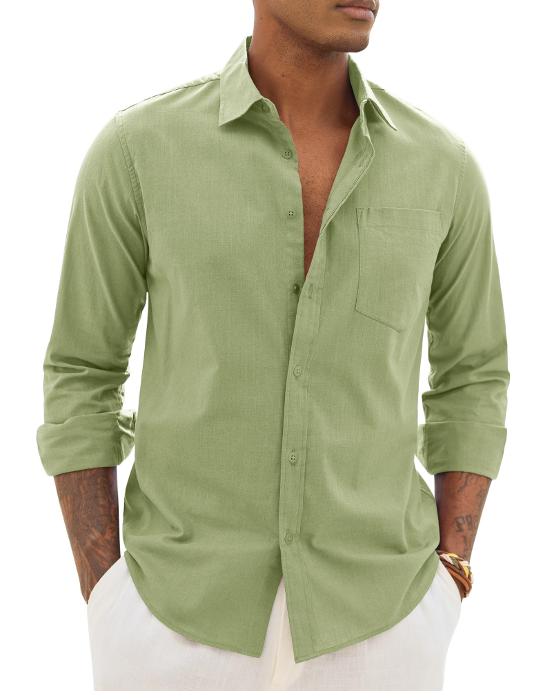 Men's cotton-linen long-sleeve shirt in olive green, button-front with chest pocket.