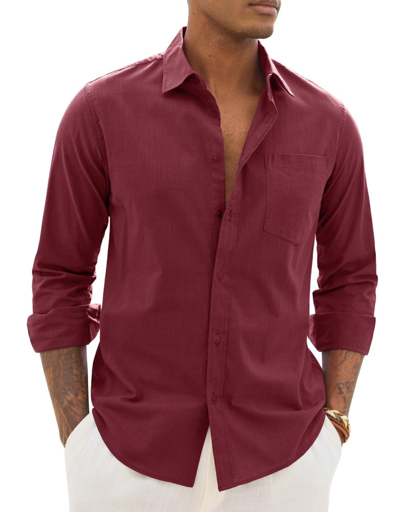 Men's cotton-linen long-sleeve shirt in burgundy, button-front with chest pocket.