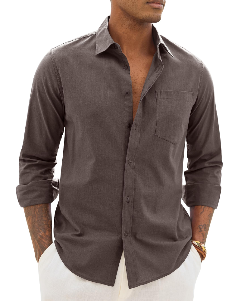 Men’s long-sleeve button-up shirt in charcoal gray with chest pocket.