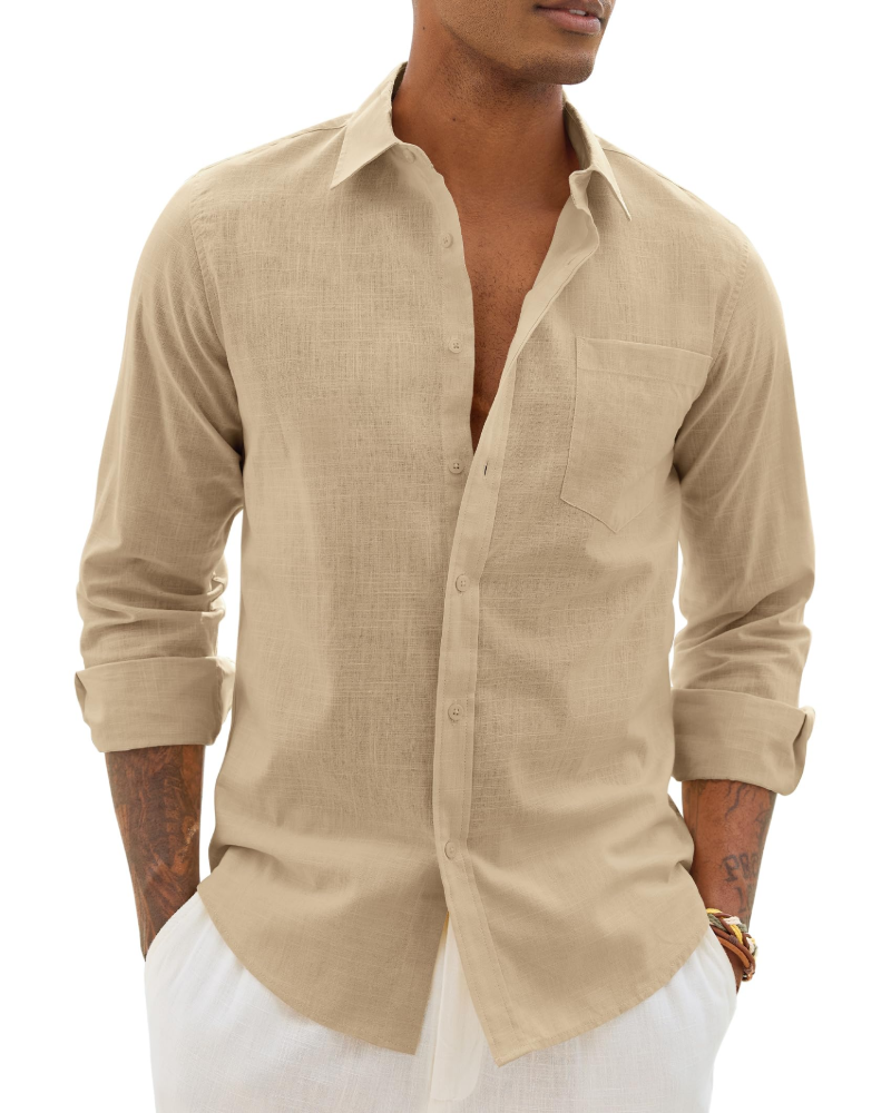 Men’s long-sleeve button-up shirt in light beige with chest pocket.
