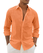 Men’s long-sleeve button-up shirt in orange with chest pocket.