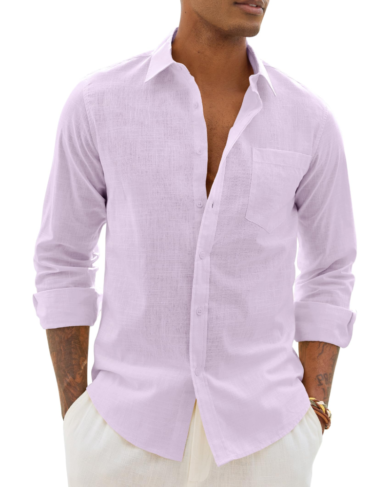 Men’s long-sleeve button-up shirt in lavender with chest pocket.