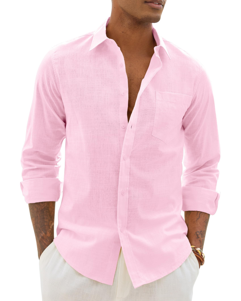 Men’s long-sleeve button-up shirt in pastel pink with chest pocket.