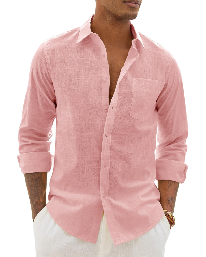Men’s long-sleeve button-up shirt in dusty rose with chest pocket.