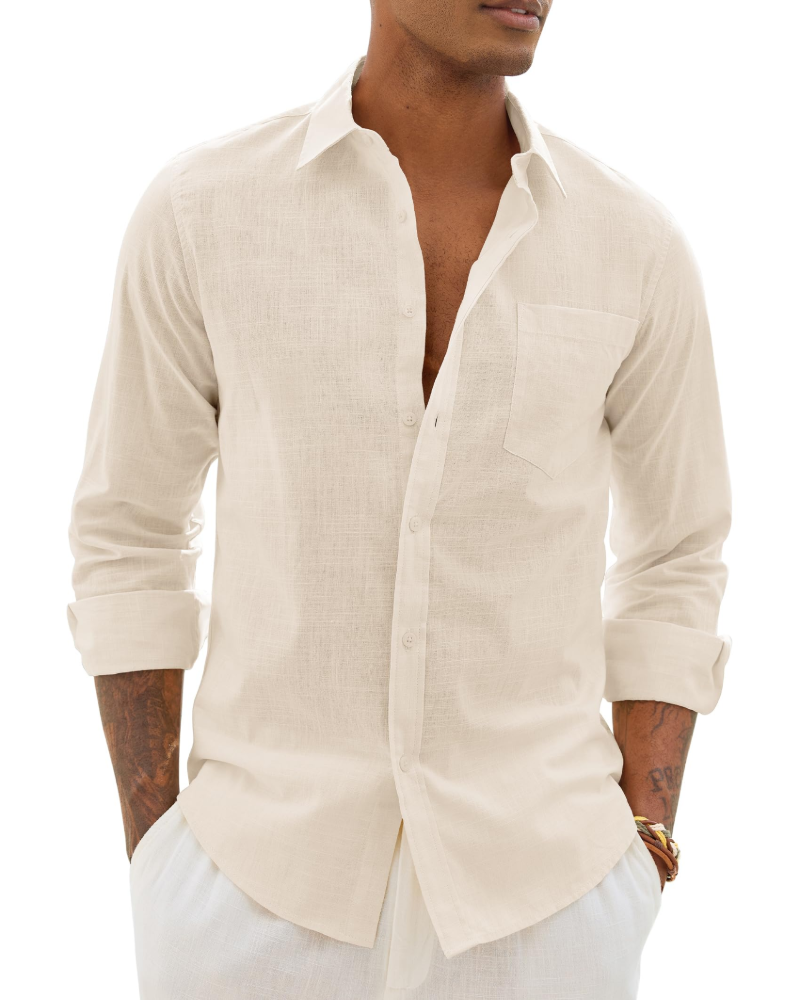 Men’s long-sleeve button-up shirt in cream with chest pocket.