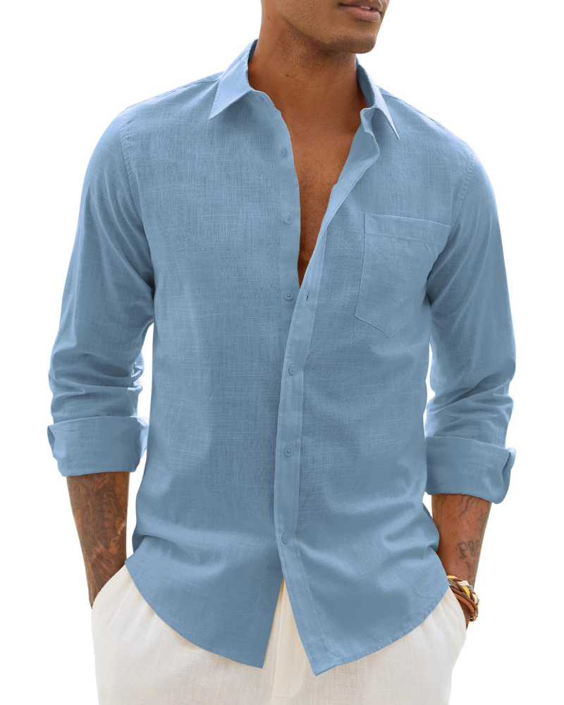 Men's cotton-linen long-sleeve shirt in light blue, button-front with chest pocket.