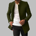 Men's green tailored coat with notch lapels, long sleeves, open front