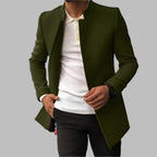 Men's green tailored coat with notch lapels, long sleeves, open front
