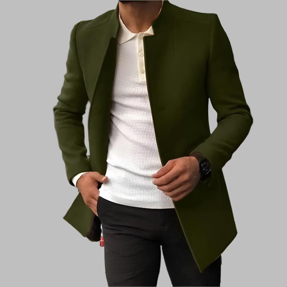 Men's green tailored coat with notch lapels, long sleeves, open front