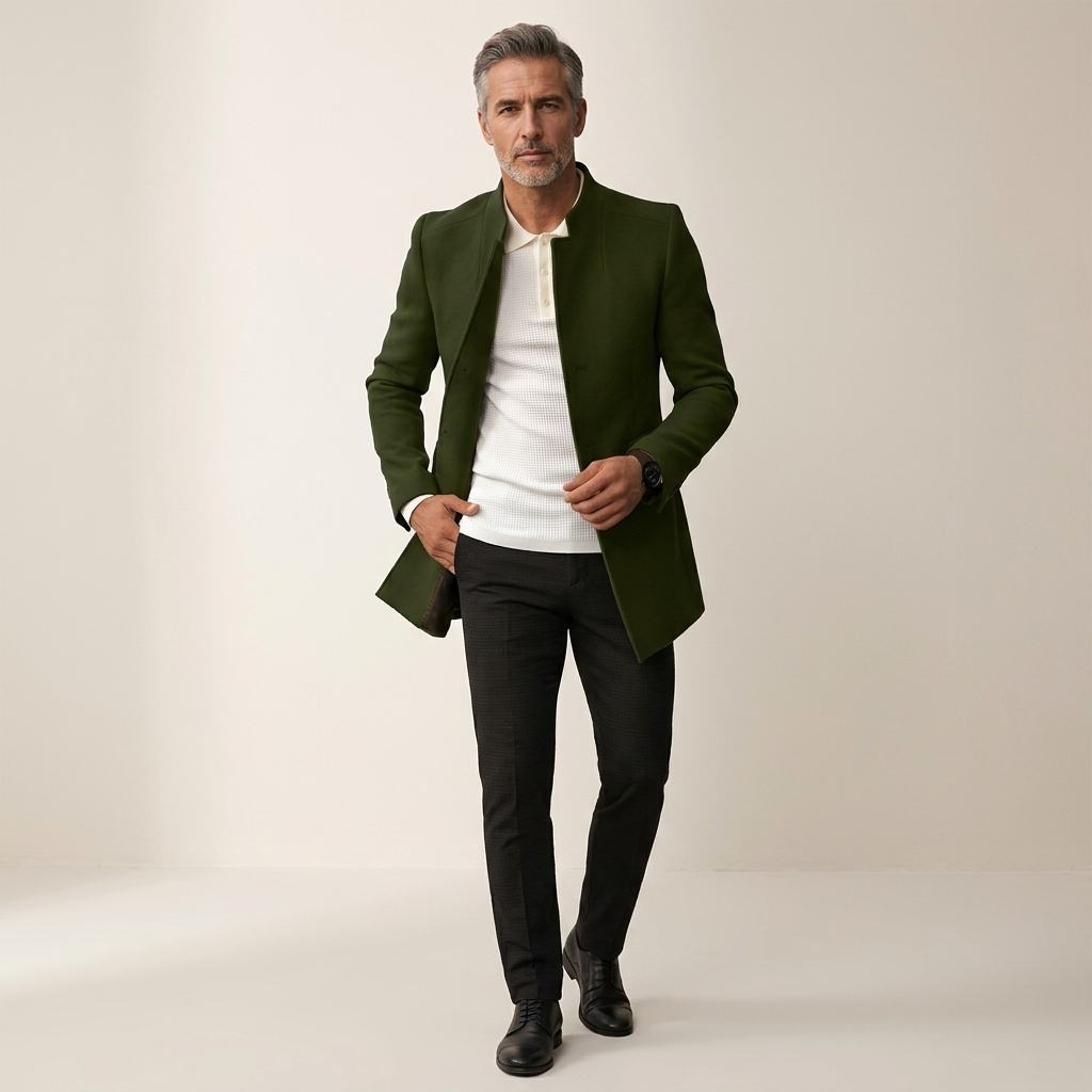 Men's dark green tailored long coat with lapels and front buttons over trousers.