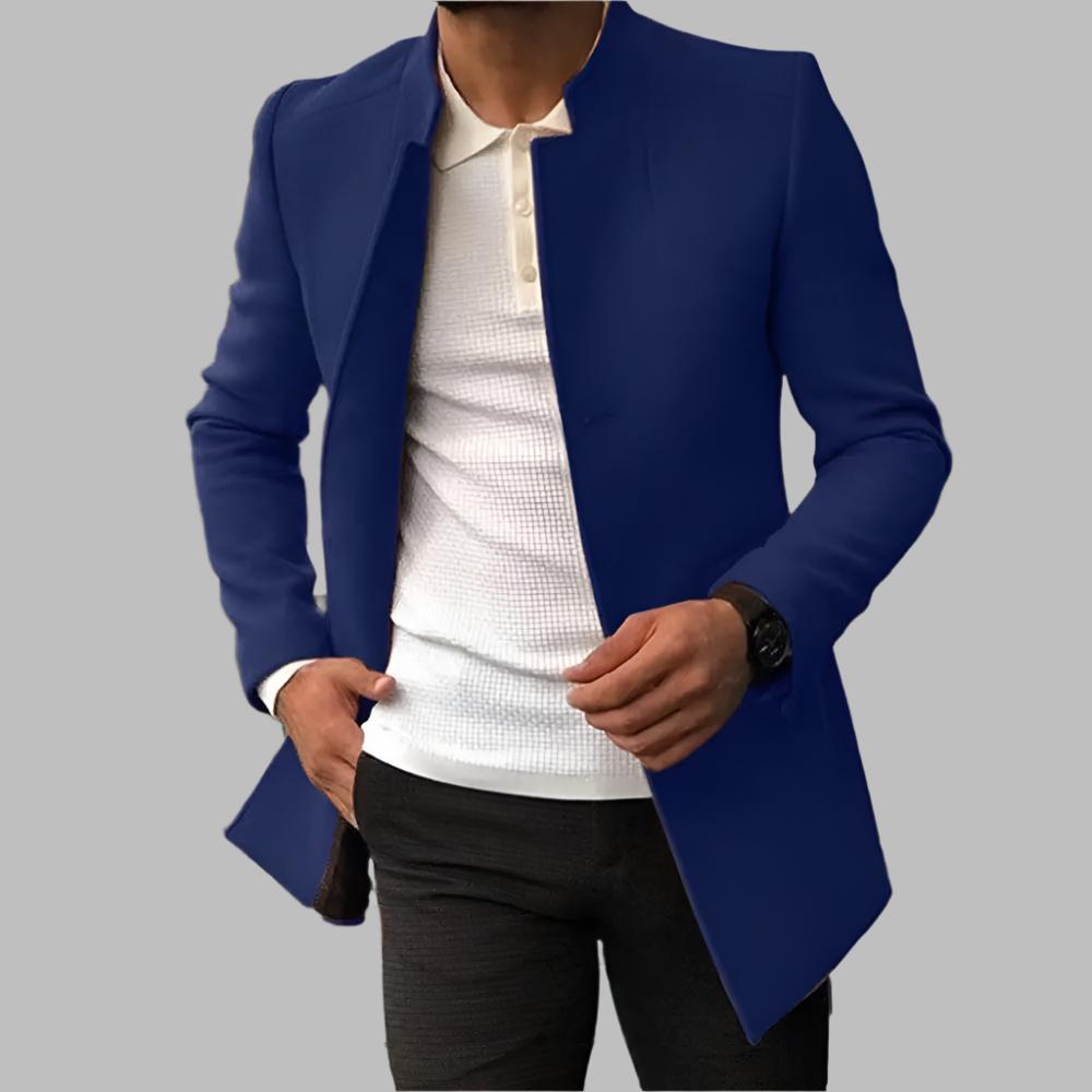 Men's blue tailored coat with notch lapels, long sleeves, open front