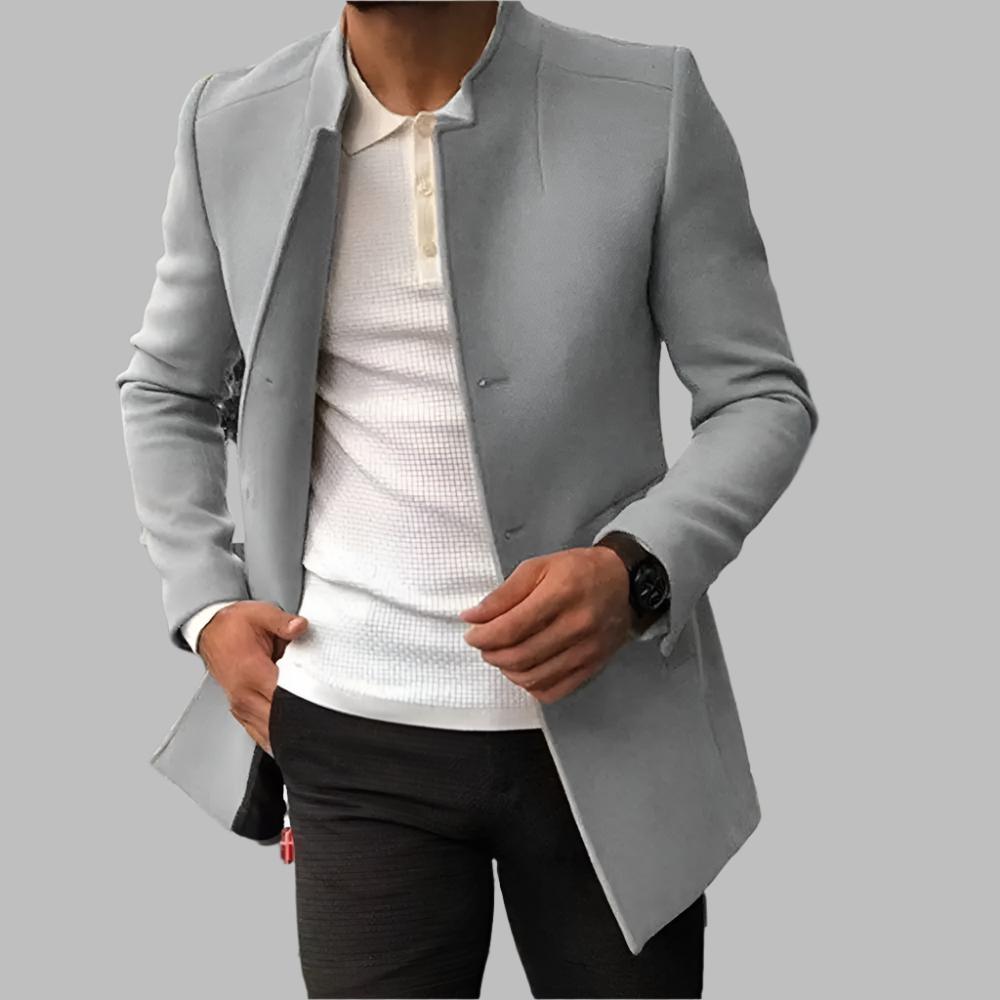 Men's gray tailored coat with notch lapels, long sleeves, open front