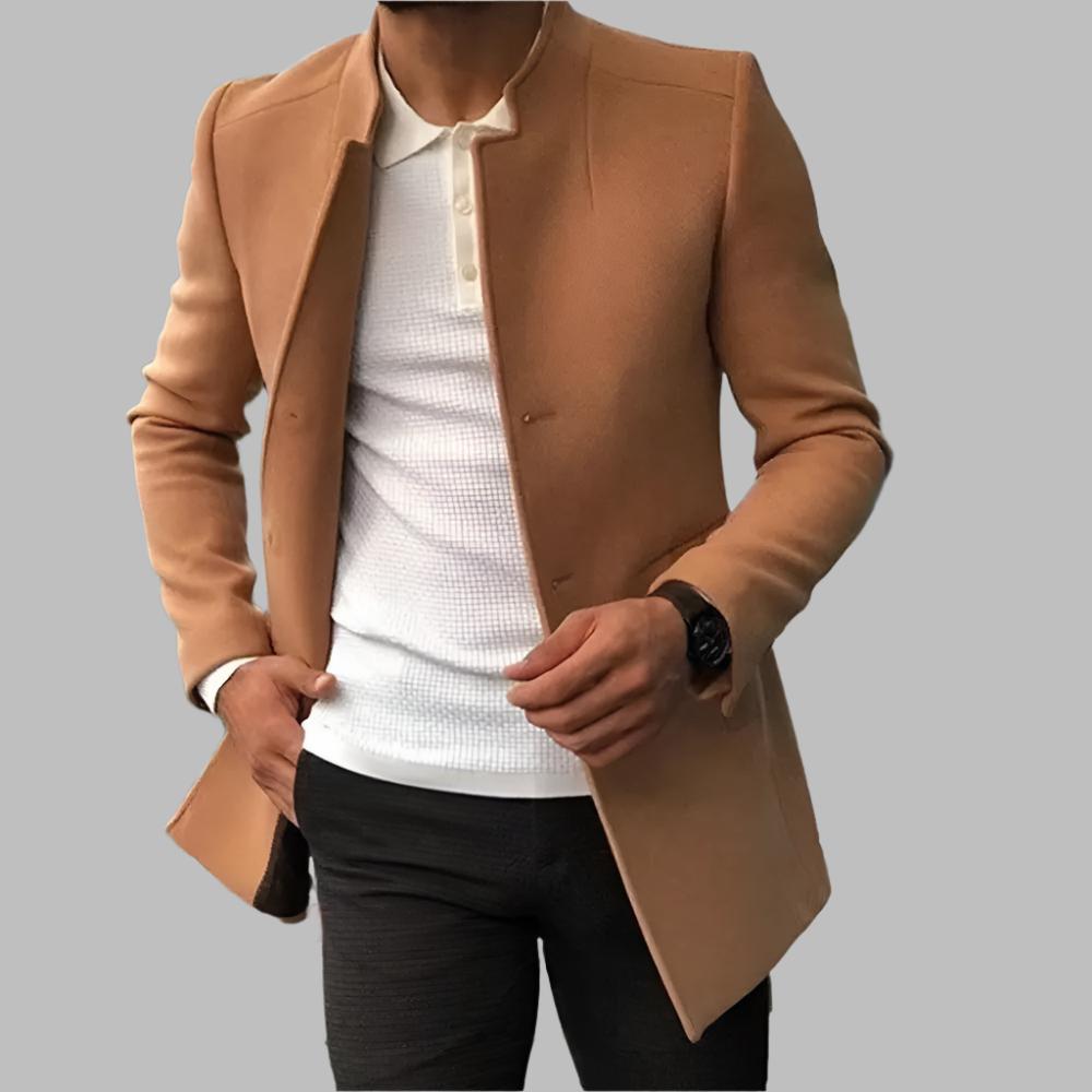 Men's caramel tailored coat with notch lapels, long sleeves, open front