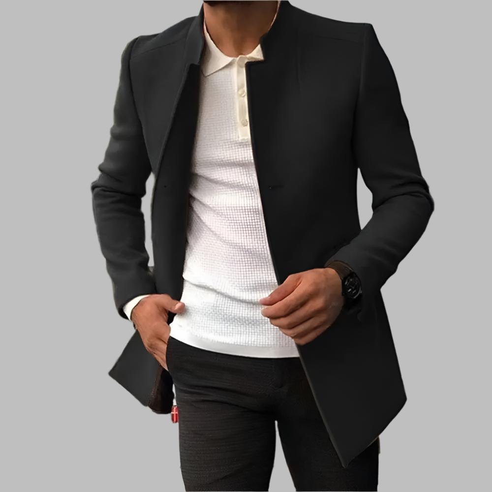 Men's black tailored coat with notch lapels, long sleeves, open front