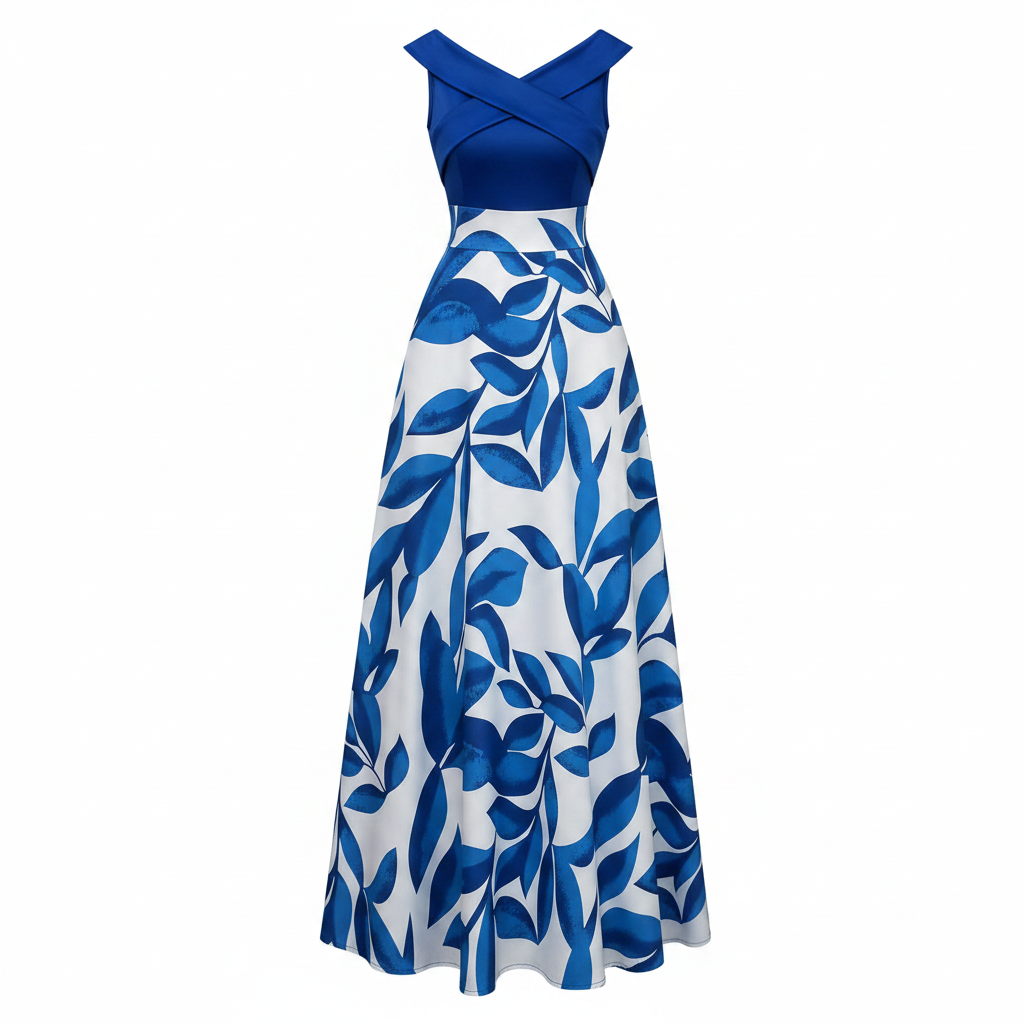 Sleeveless leaf print maxi dress in blue, V-neck wrap bodice and crisscross straps