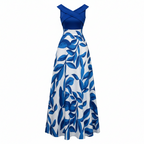 Sleeveless leaf print maxi dress in blue, V-neck wrap bodice and crisscross straps
