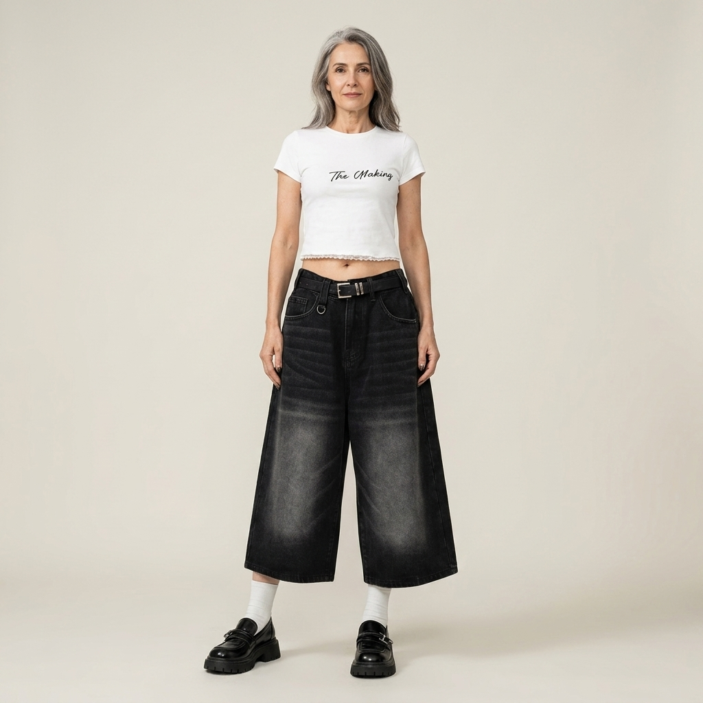 Women's high-waisted wide-leg denim culottes, black wash, raw hem