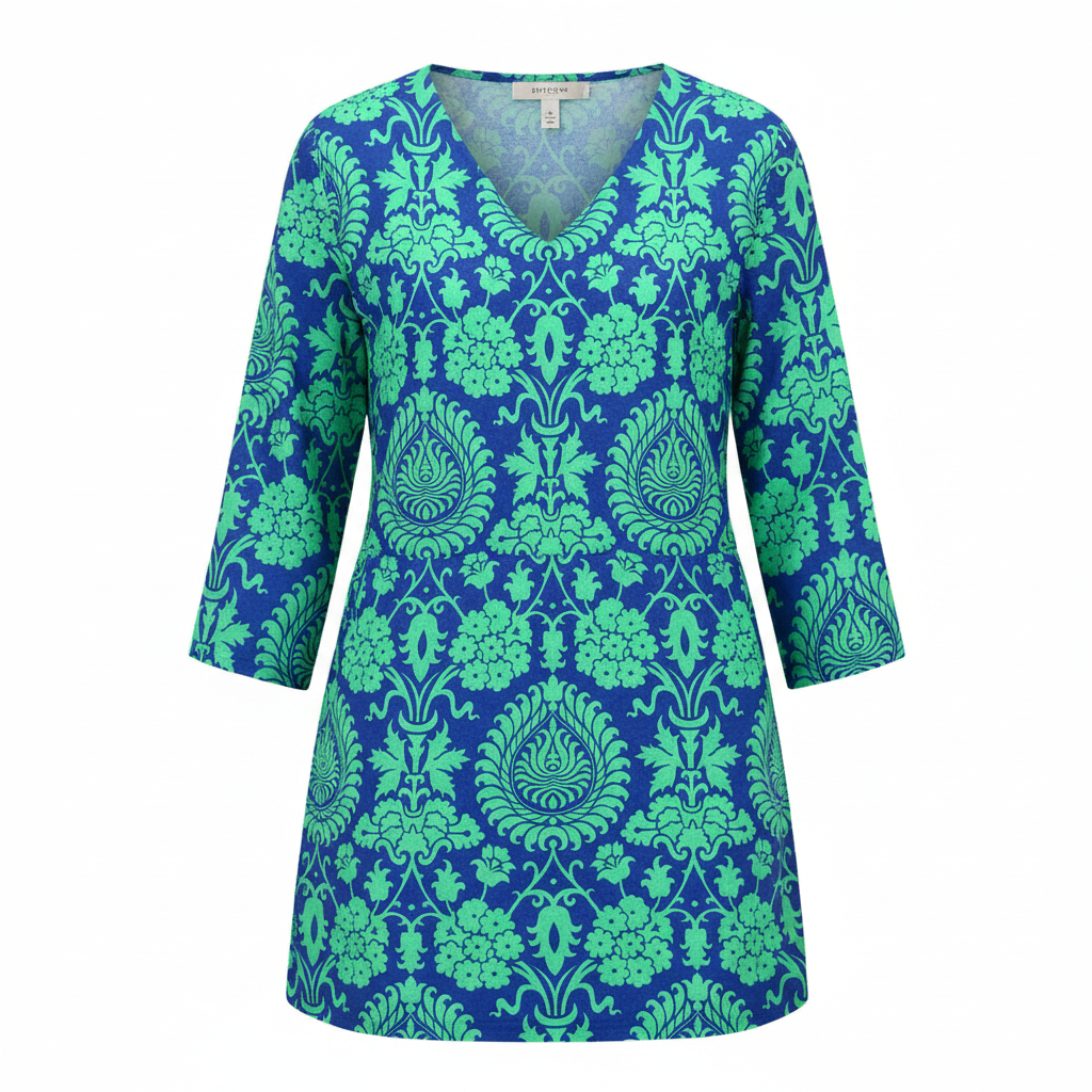 Teal floral v-neck longline blouse with 3/4 sleeves, relaxed fit