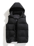 Men's black quilted hooded body warmer vest, zip-front, side pockets