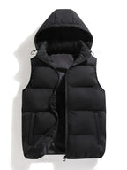 Men's black quilted hooded body warmer vest, zip-front, side pockets