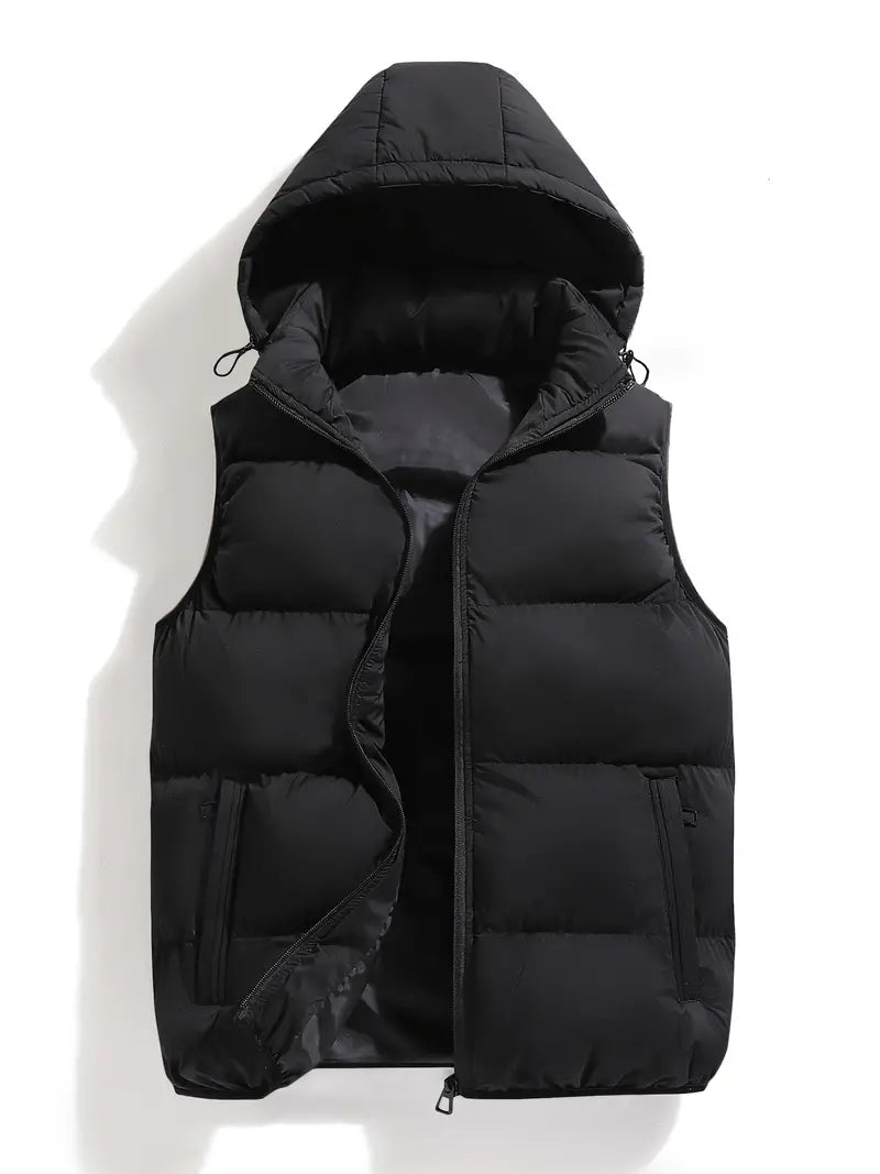 Men's black quilted hooded body warmer vest, zip-front, side pockets