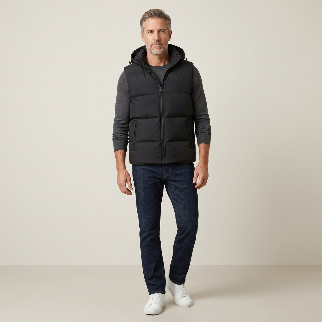 Men's black quilted hooded vest with zip front and side pockets
