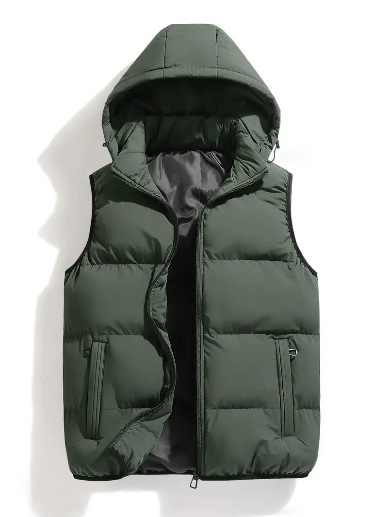 Men's green quilted hooded body warmer vest, zip-front, side pockets