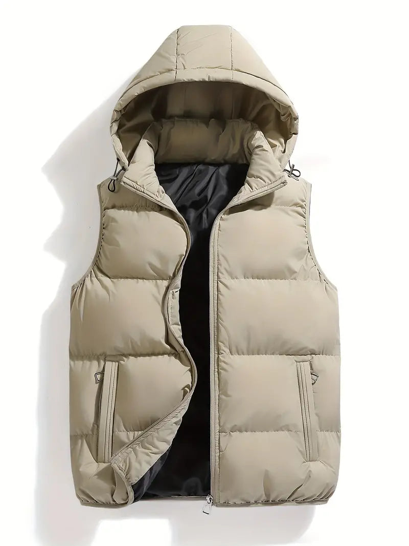 Men's beige quilted hooded body warmer vest, zip-front, side pockets