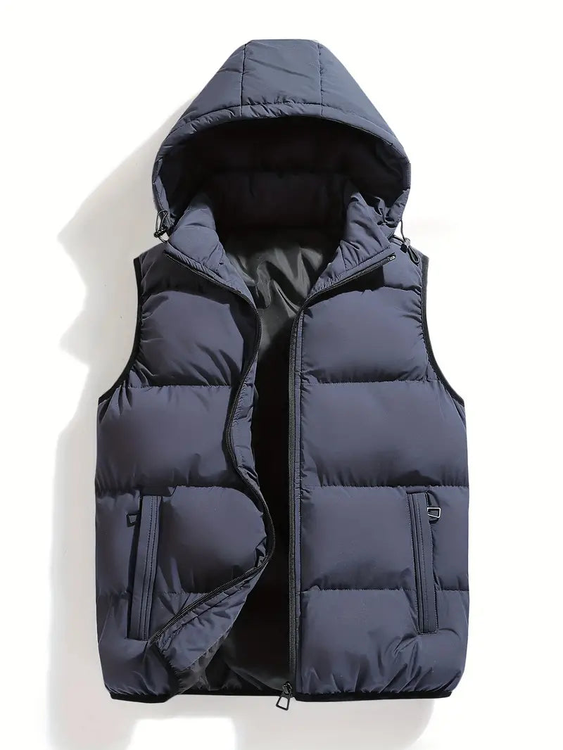 Men's blue quilted hooded body warmer vest, zip-front, side pockets