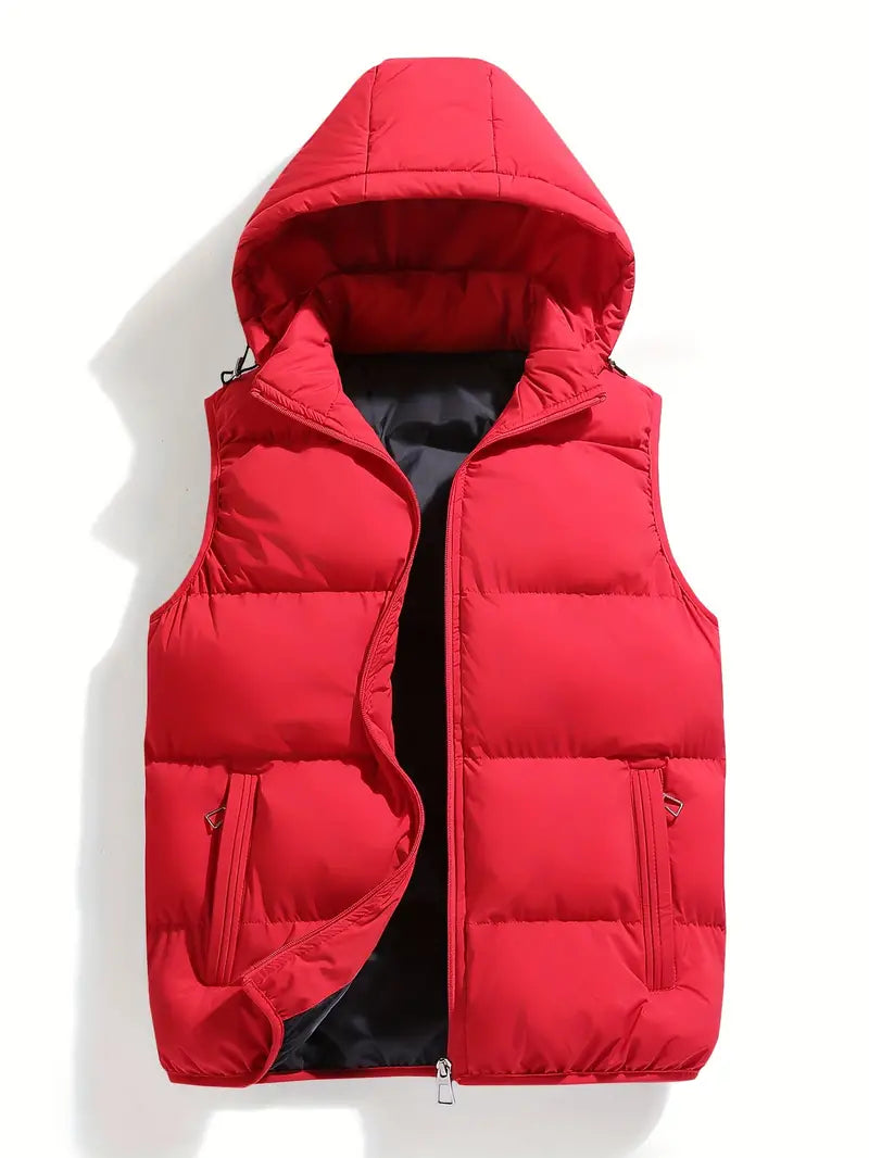 Men's red quilted hooded body warmer vest, zip-front, side pockets