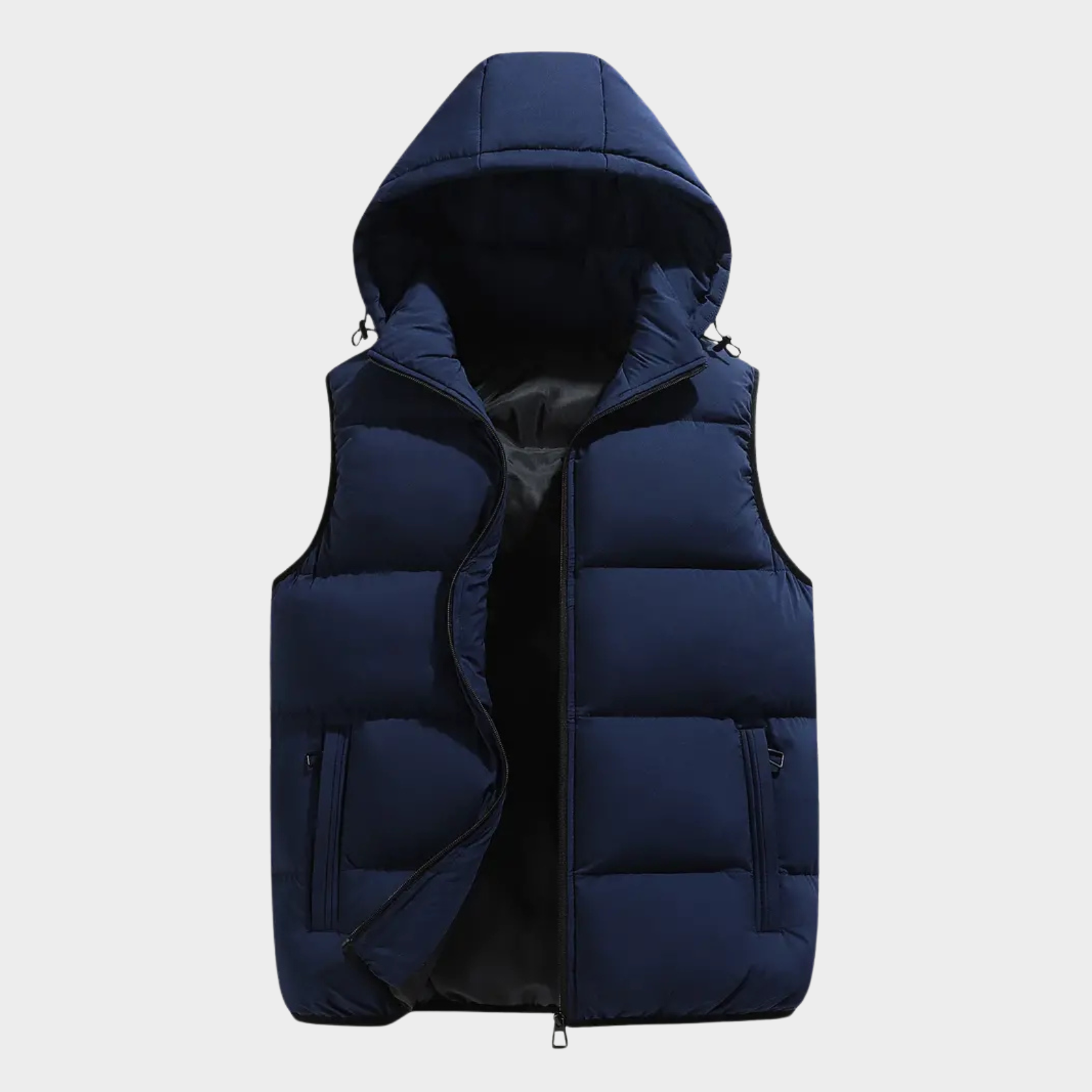 Men's dark navy quilted hooded body warmer vest, zip-front, side pockets