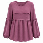 Purple crew-neck peplum blouse with long balloon sleeves and layered ruffle hem.