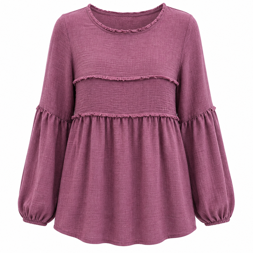 Purple crew-neck peplum blouse with long balloon sleeves and layered ruffle hem.