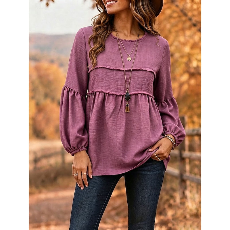 Purple relaxed peplum blouse with long puff sleeves and gathered waist, scoop neckline