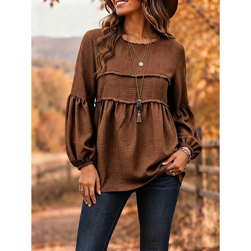 Brown relaxed peplum blouse with long puff sleeves and gathered waist, scoop neckline