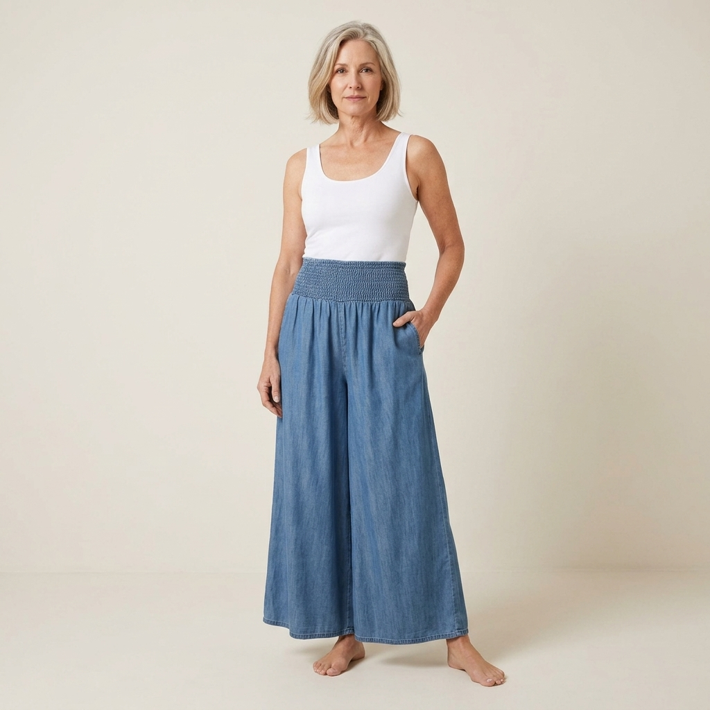 Women's high-waisted blue wide-leg trousers with elastic waist and flowing gathered design