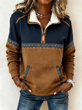 Color-block half-zip sweater with sherpa collar, navy and tan with patterned hem