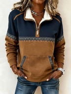 Color-block half-zip sweater with sherpa collar, navy and tan with patterned hem