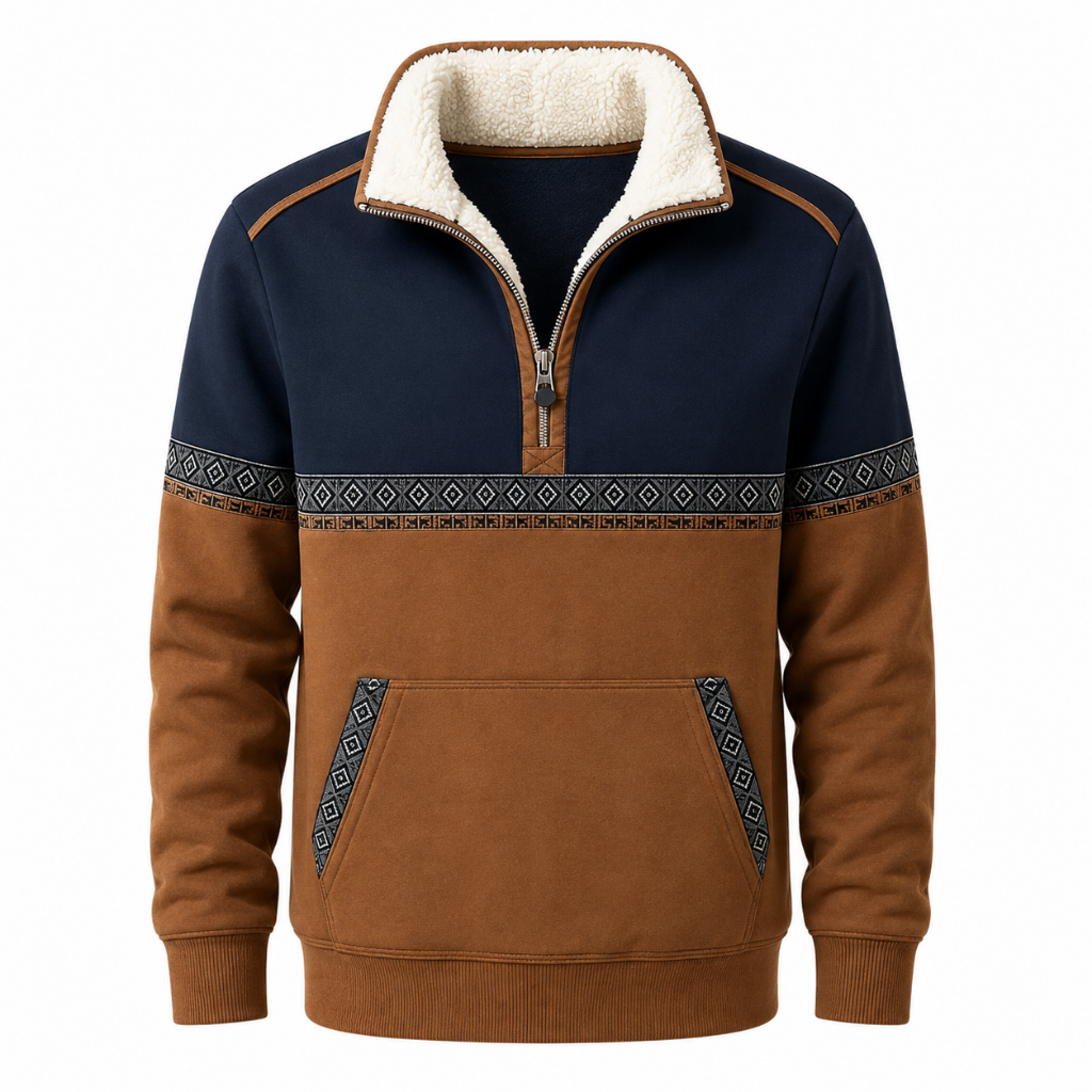 Women's half-zip colorblock sweater with fleece-lined sherpa collar, patterned band