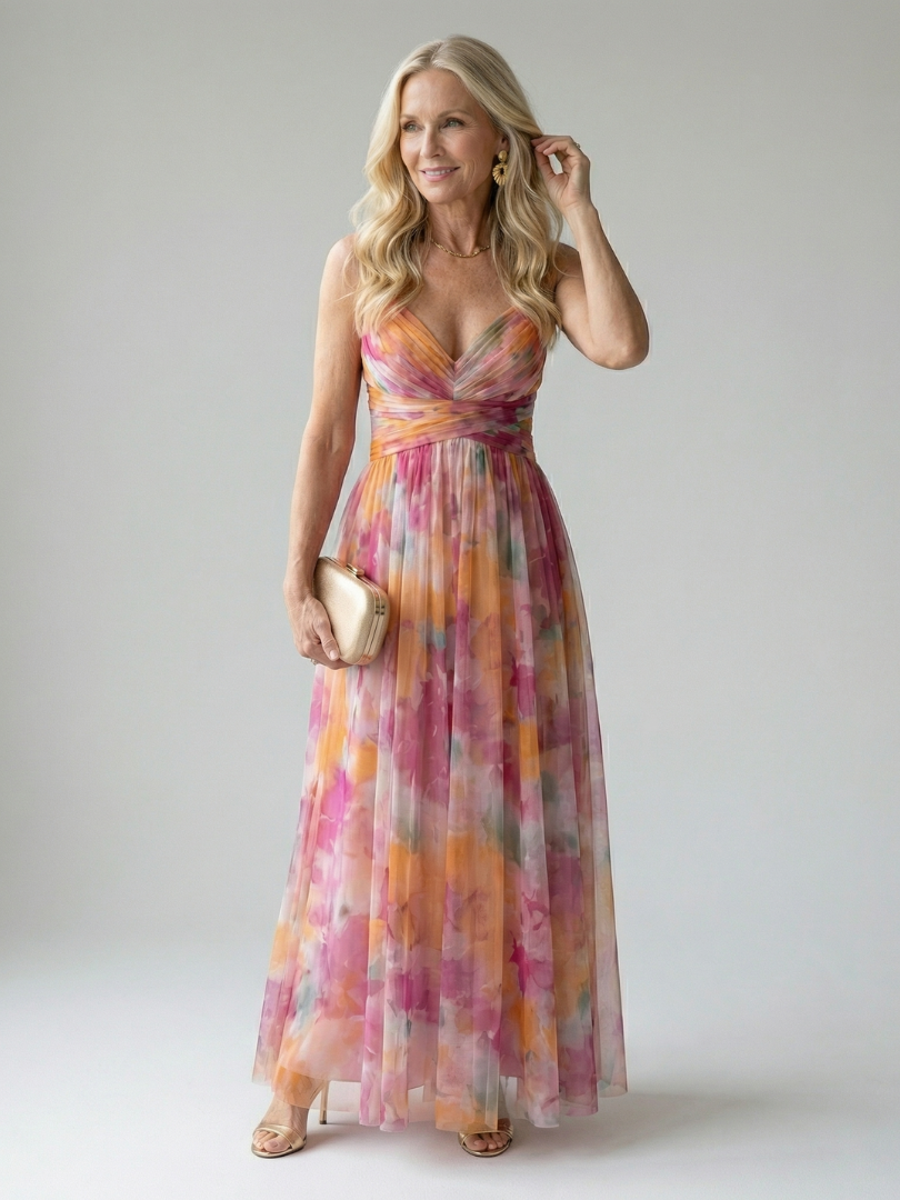 Multicolor wrap maxi dress with thin straps, defined waist, relaxed flowing skirt