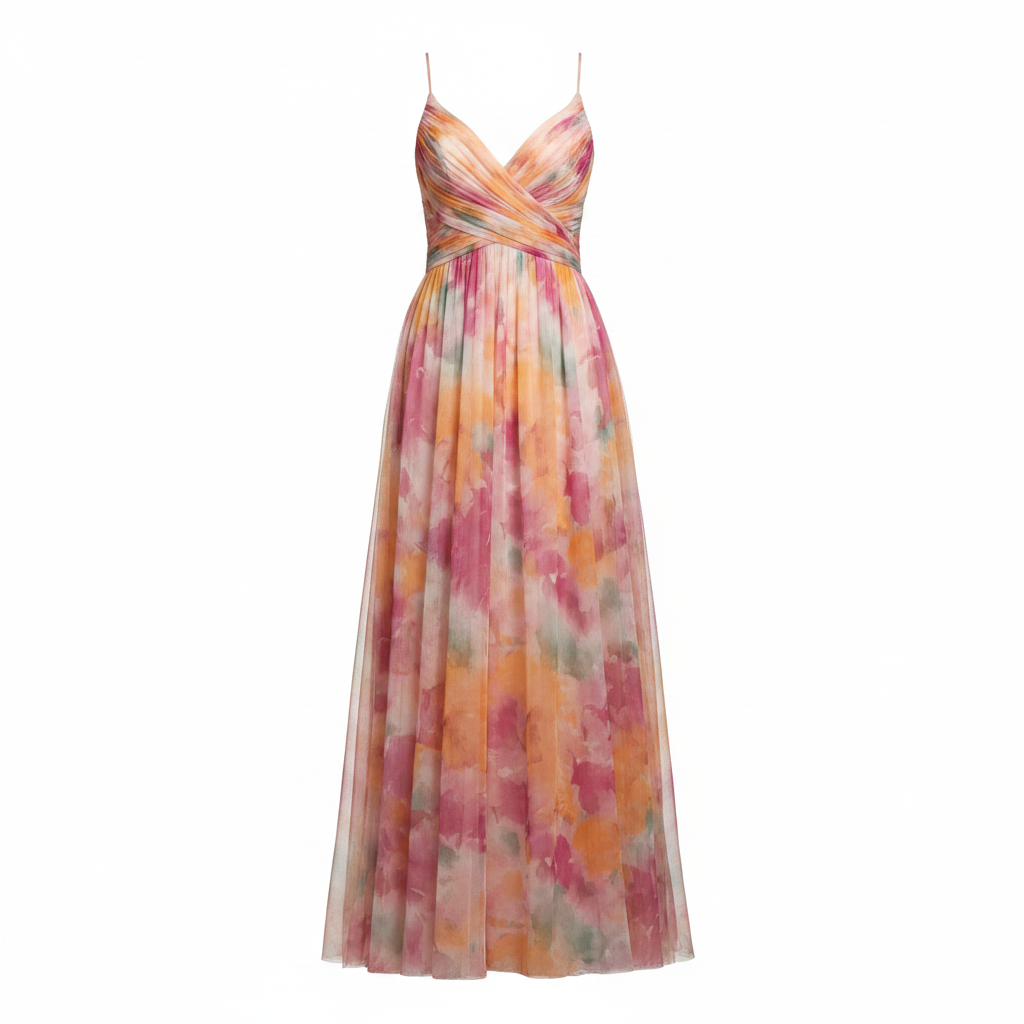 V-neck wrap maxi dress, thin straps, defined waist, flowing multicolor skirt