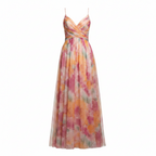 V-neck wrap maxi dress, thin straps, defined waist, flowing multicolor skirt