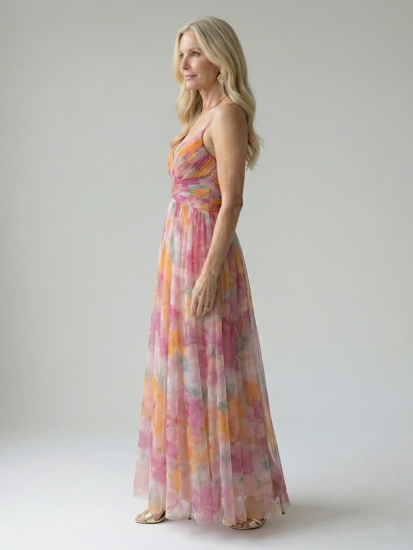 Multicolor wrap maxi dress with thin straps and relaxed tiered skirt, side view