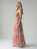 Multicolor wrap maxi dress with thin straps and relaxed tiered skirt, side view