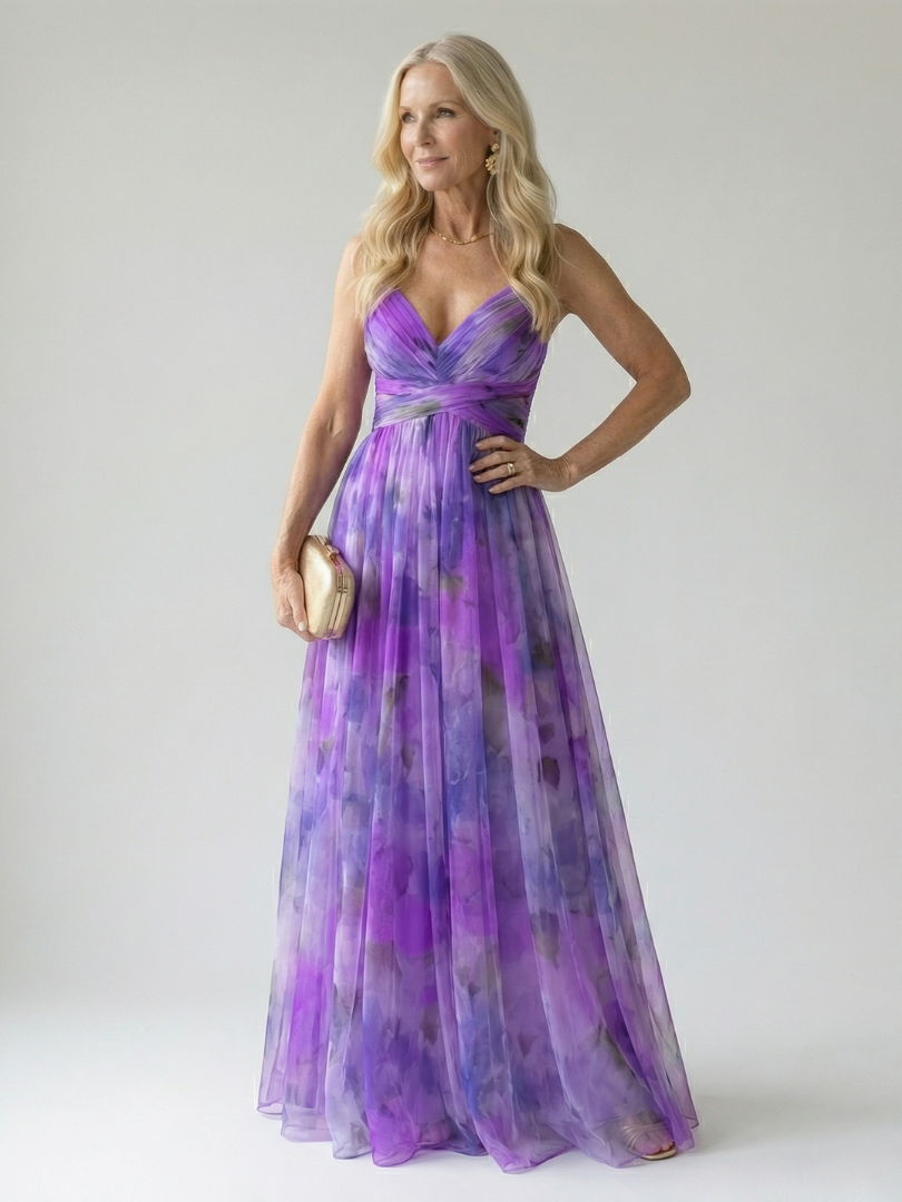 V-neck wrap maxi dress, thin straps, defined waist, flowing purple skirt