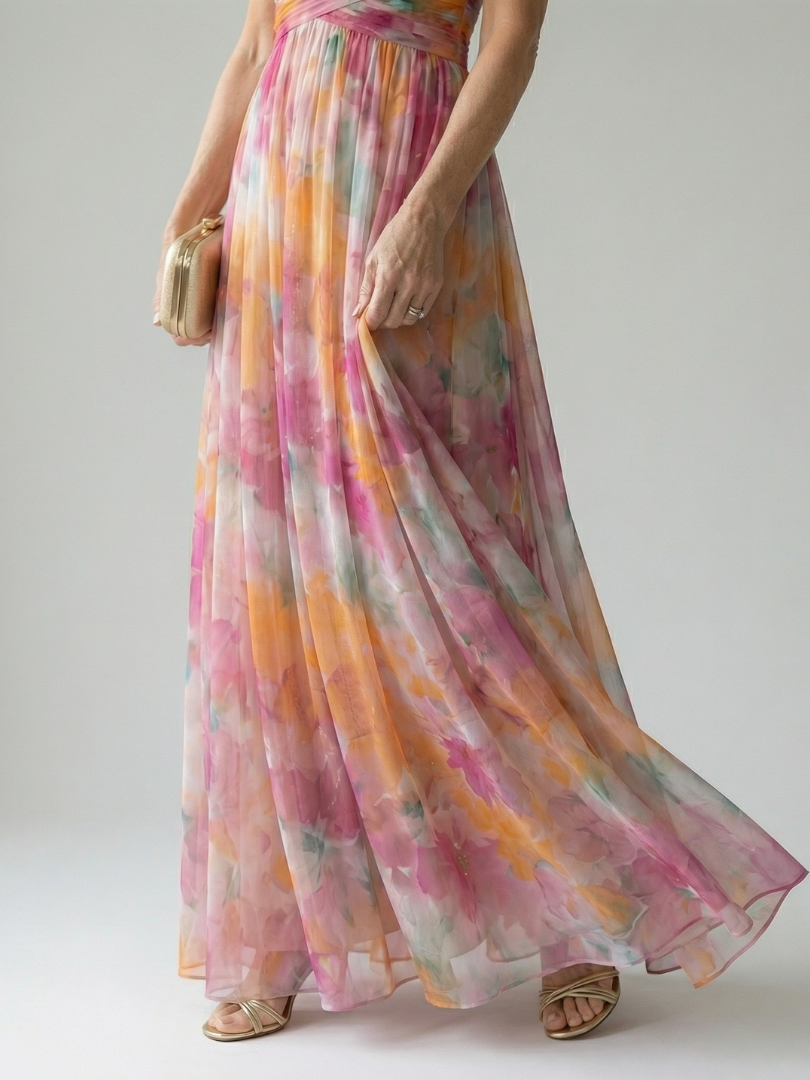 Multicolor wrap maxi skirt with flowy tiers and defined waist, close-up