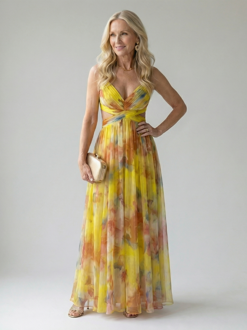 Yellow multicolor wrap maxi dress with thin straps, defined waist, full relaxed skirt